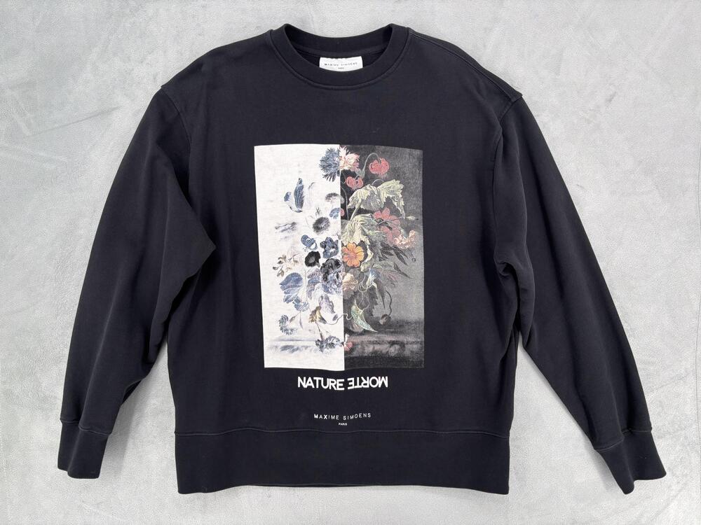 Maxime Simoens Sweatshirt Mens Large Black Nature Morte Floral Graphic Art